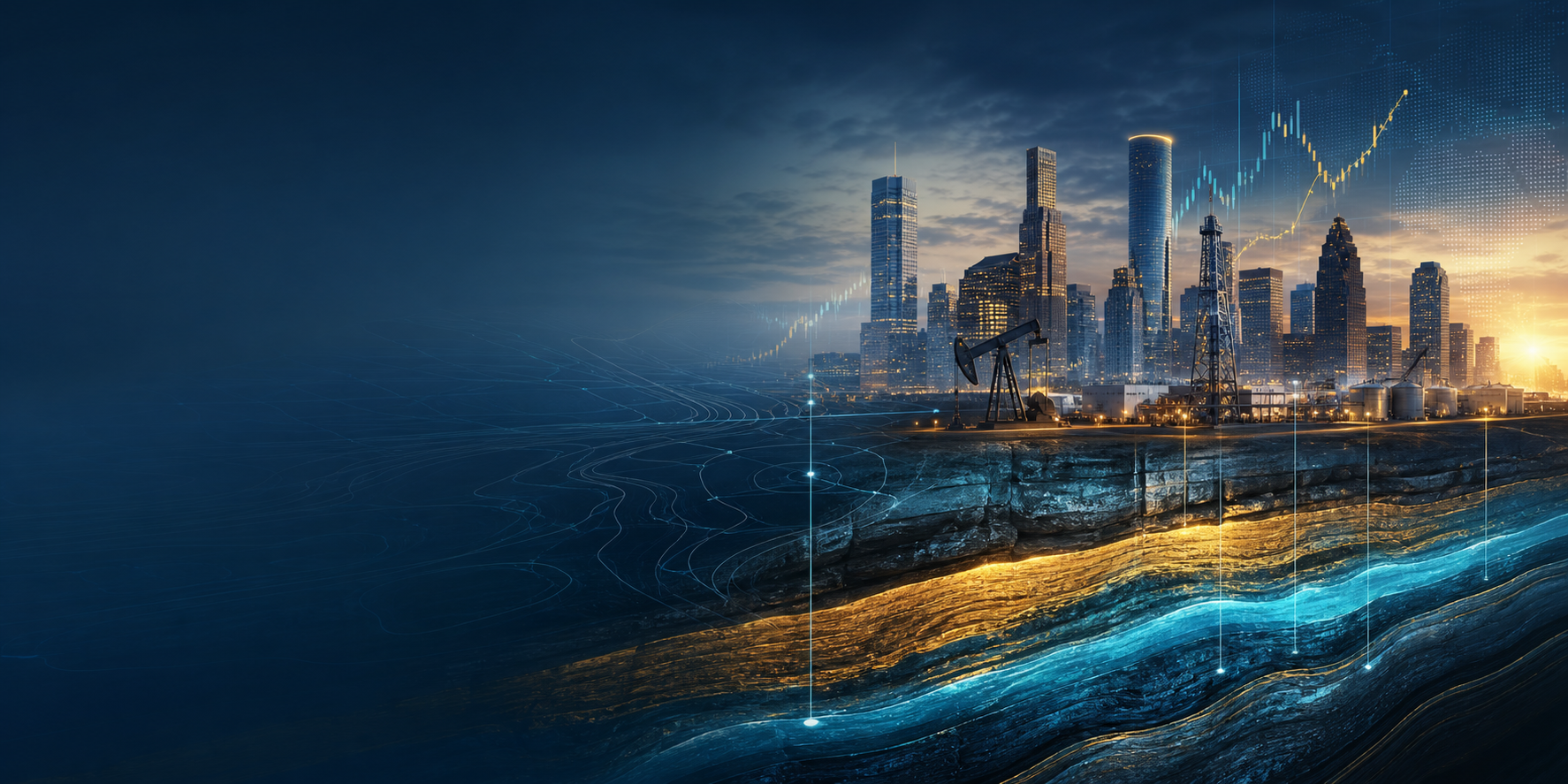 Houston skyline with subsurface oil and gas reservoir layers and market data overlays